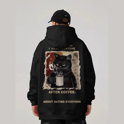 コーヒーを飲む猫のイラストのパーカーの黒バック