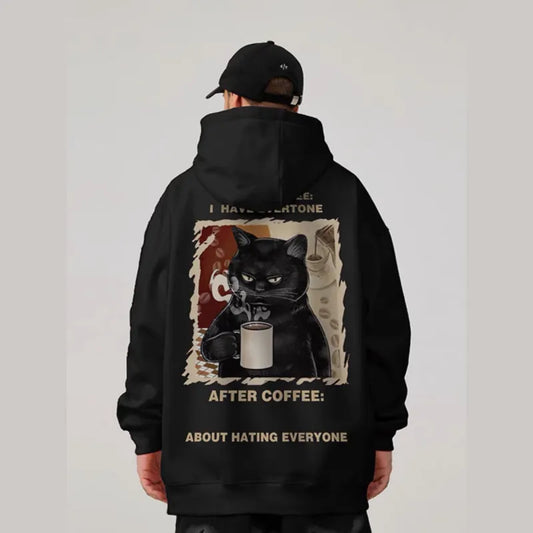 コーヒーを飲む猫のイラストのパーカーの黒バック